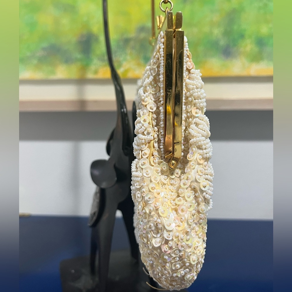 Floral Sequin Beaded Evening Bag Clutch Purse Mother Of Pearl Gold Vintage 60s - Picture 3 of 8